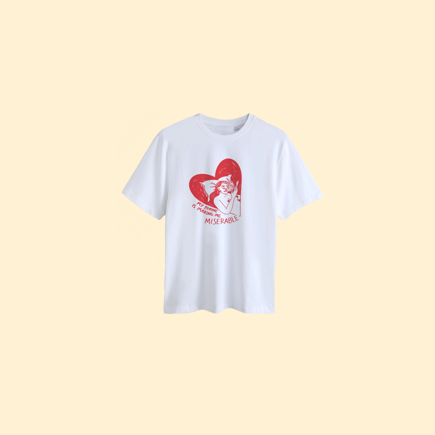 White t-shirt with red graphic and text on a beige background