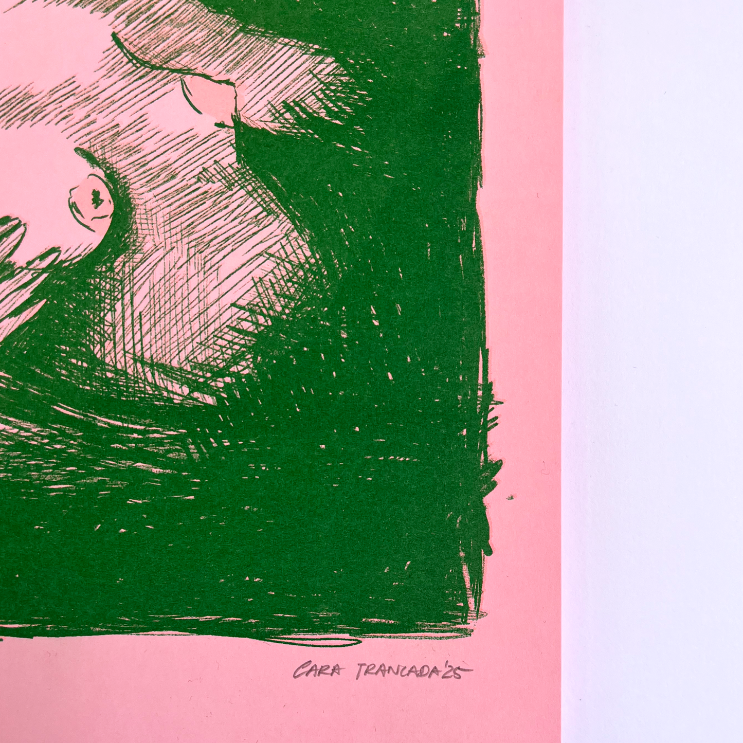 Artwork with green and pink colors on a pink background