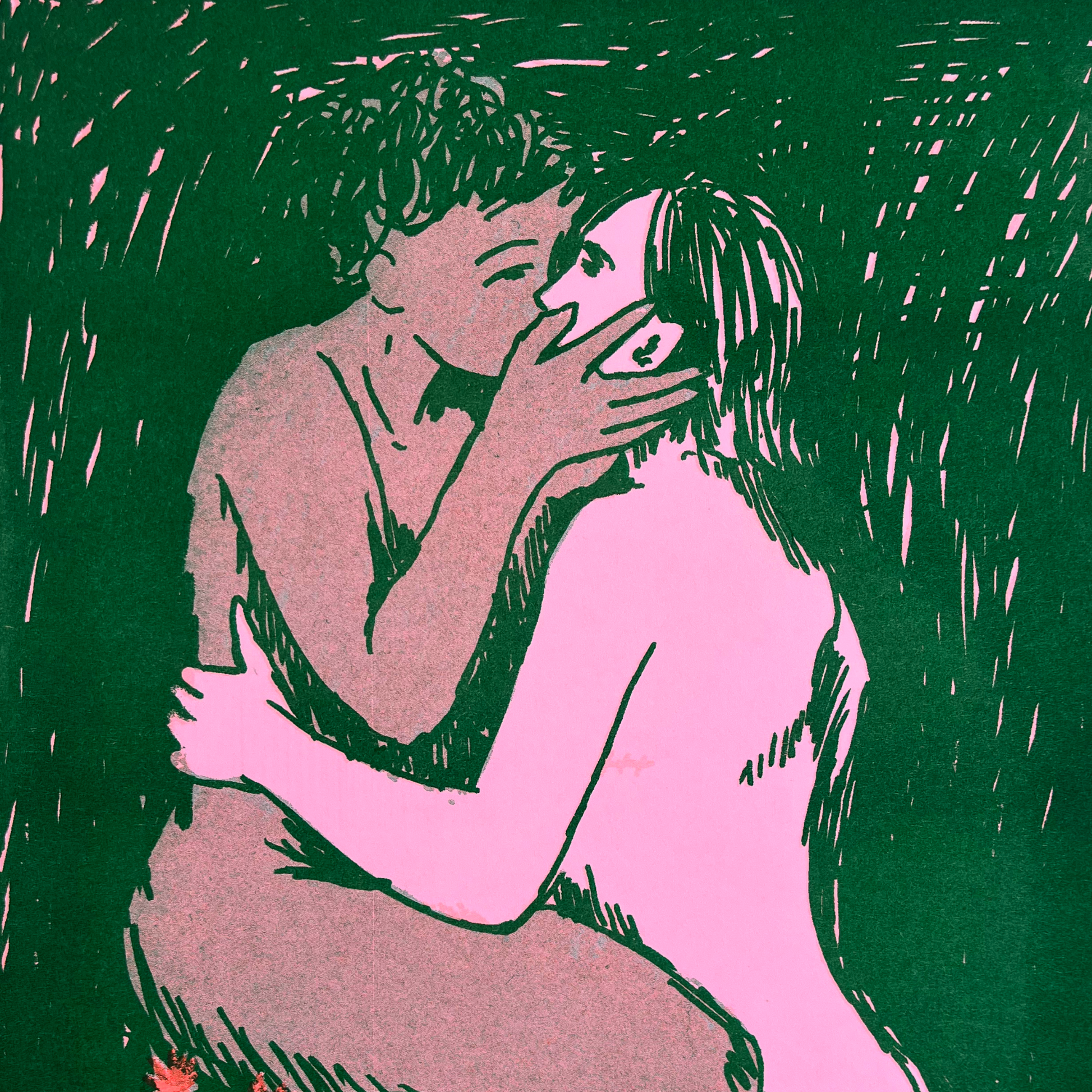 Portrait of two people kissing in green