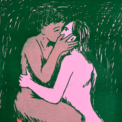 Portrait of two people kissing in green