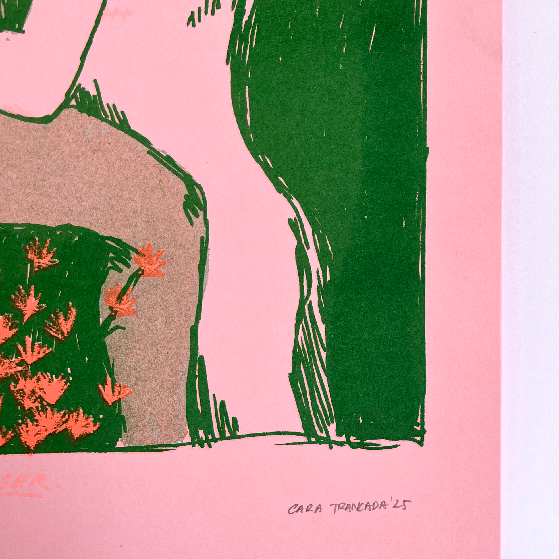 Art print signature, pink background with red and green drawing