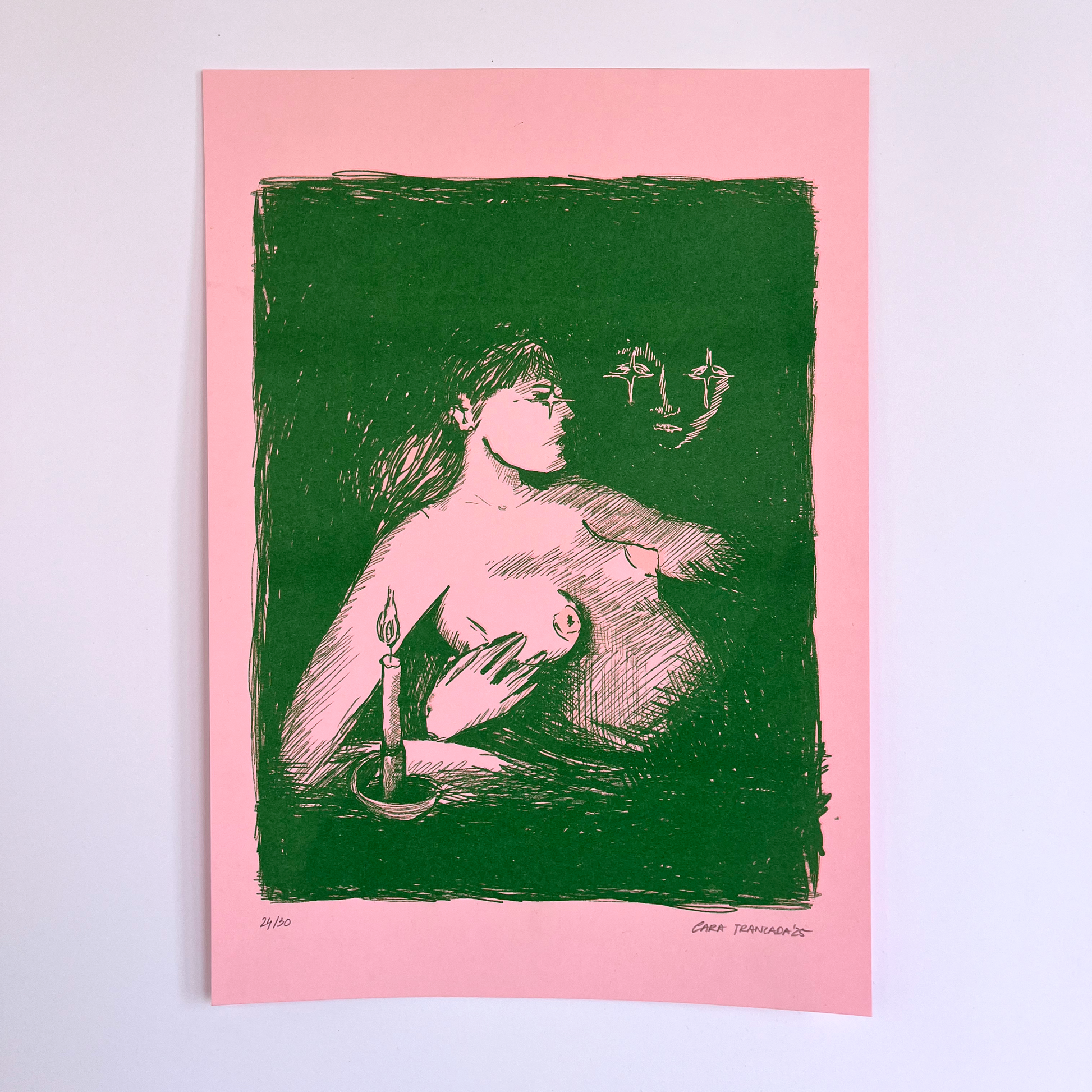 Art print of a woman in the dark, with a hand holding her, with a candle burning in a green background