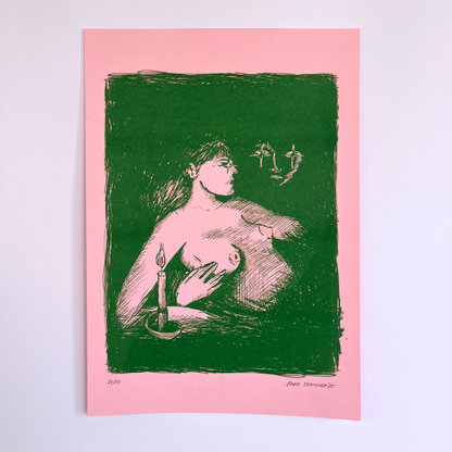 Art print of a woman in the dark, with a hand holding her, with a candle burning in a green background