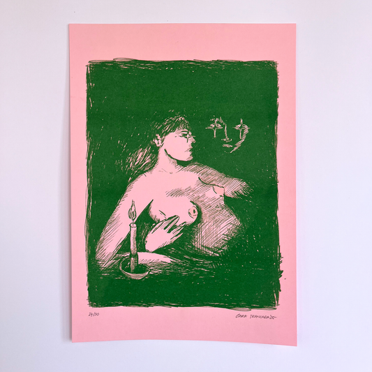 Art print of a woman in the dark, with a hand holding her, with a candle burning in a green background