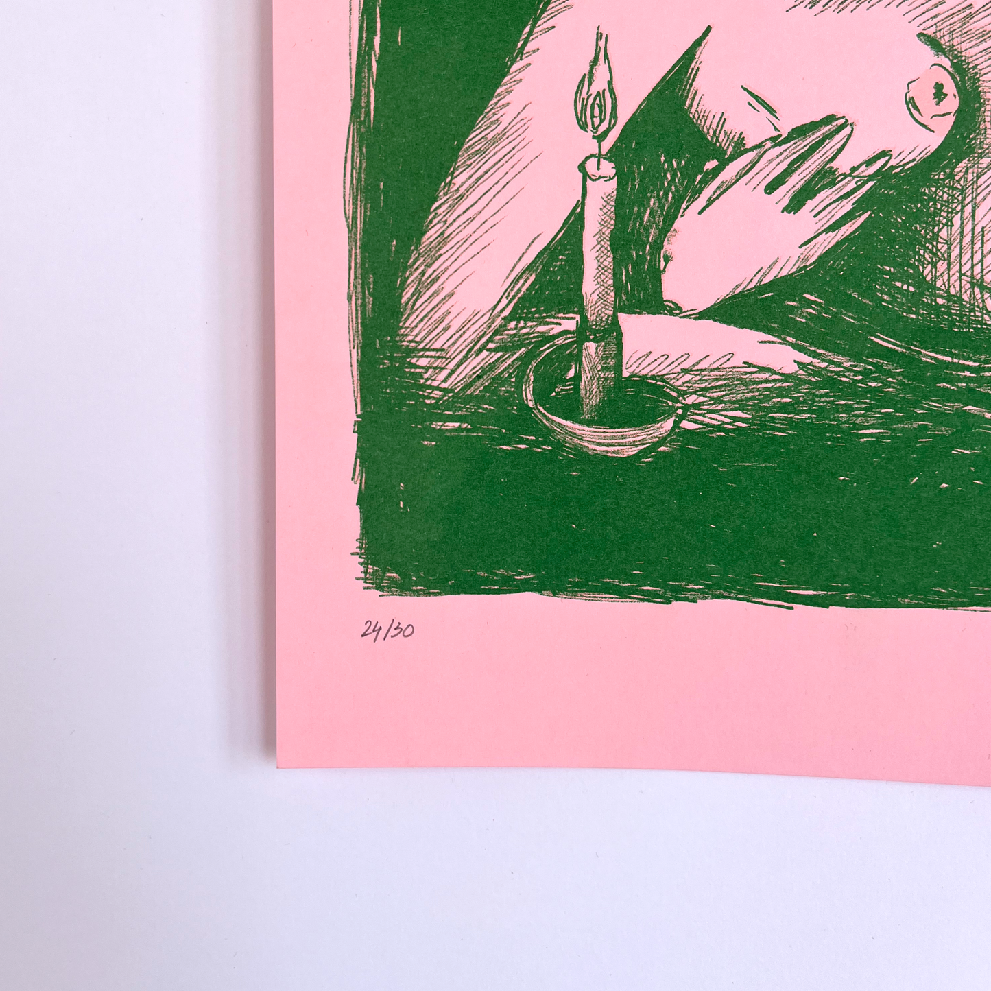Art print with a green and pink color scheme featuring a candle and hand