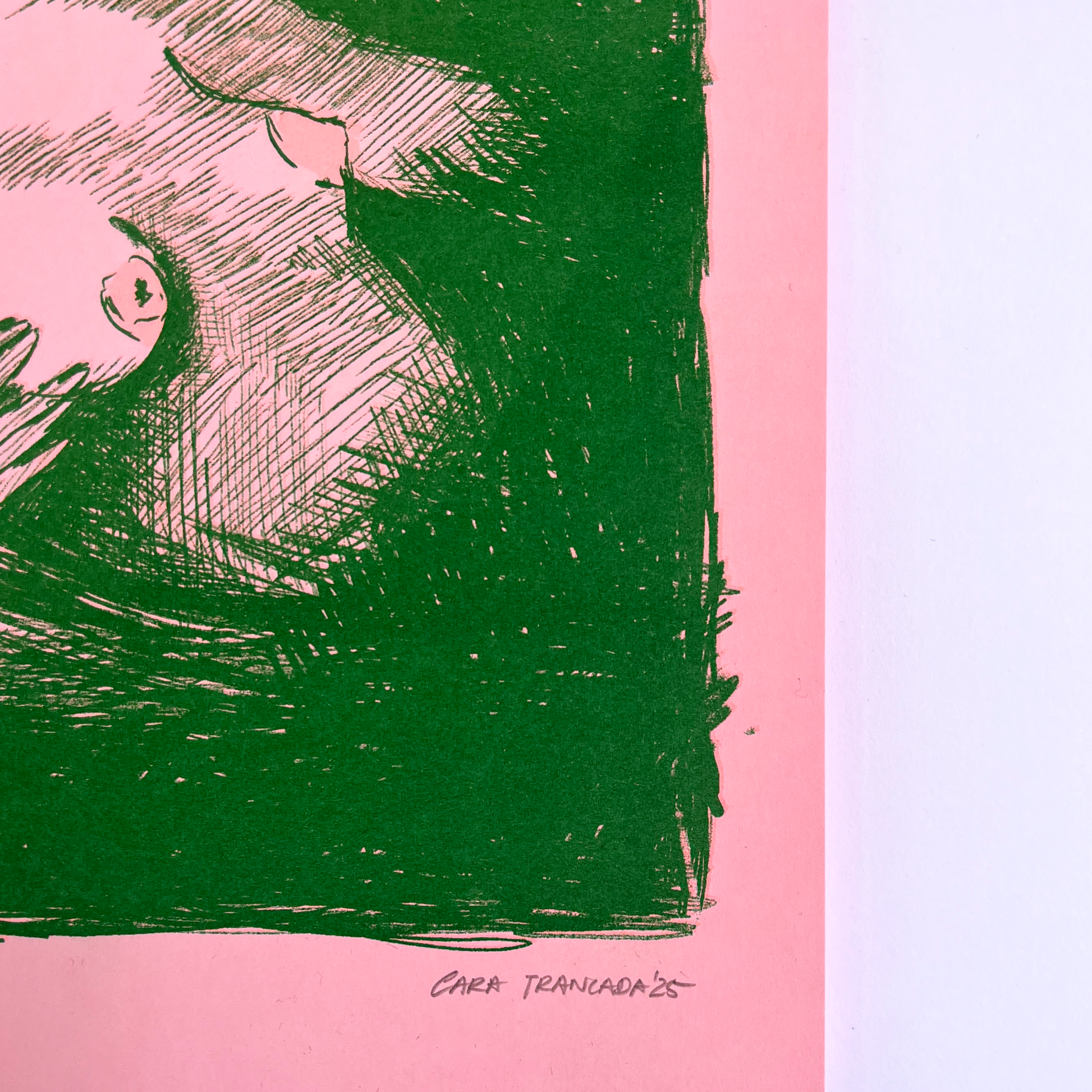 Artwork with green and pink colors on a pink background