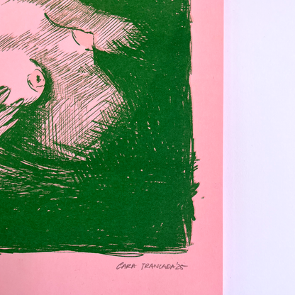 Artwork with green and pink colors on a pink background