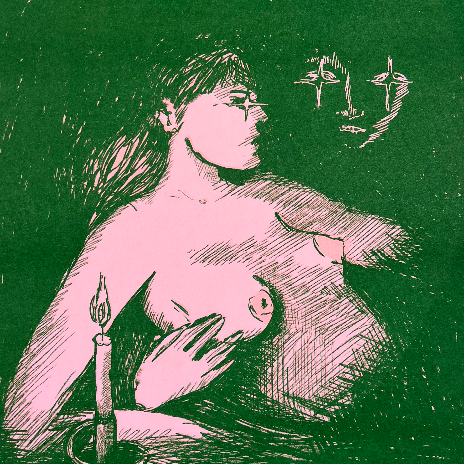 Illustration of a woman with a candle and a face in the dark on a green background