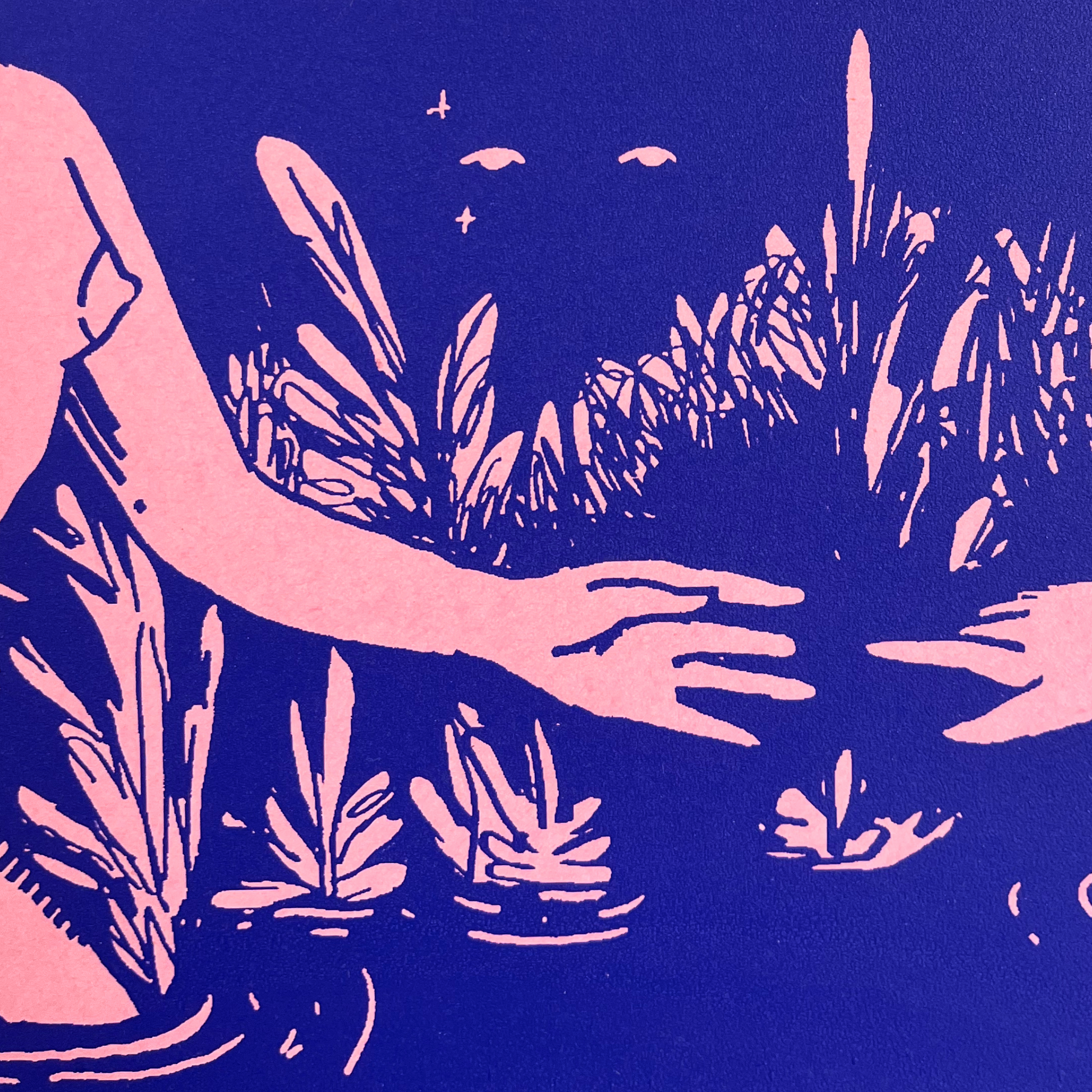 Illustration of a person reaching towards plants with a blue background