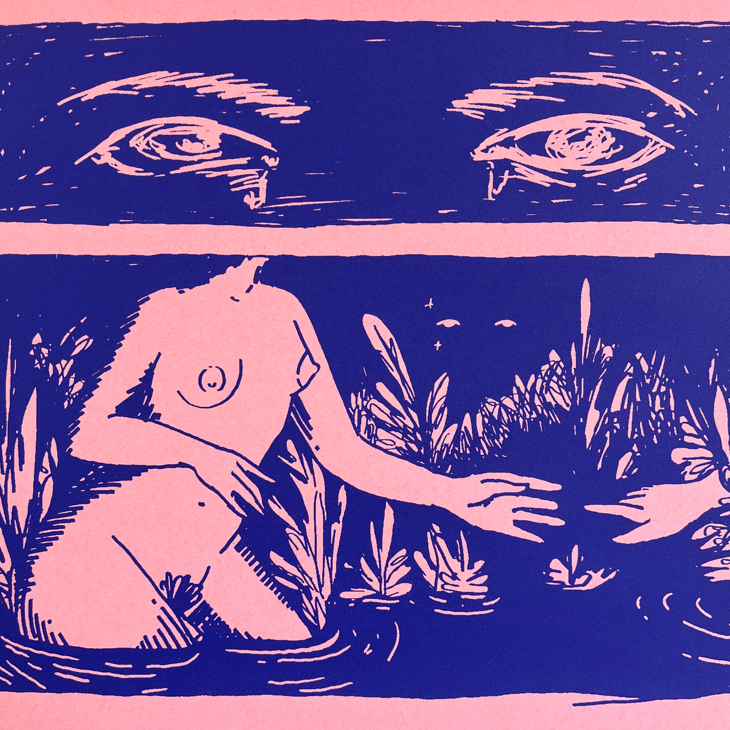 Artistic depiction of a nude figure reaching towards another person, with two eyes watching the scene in a natural setting with a blue and pink color scheme.