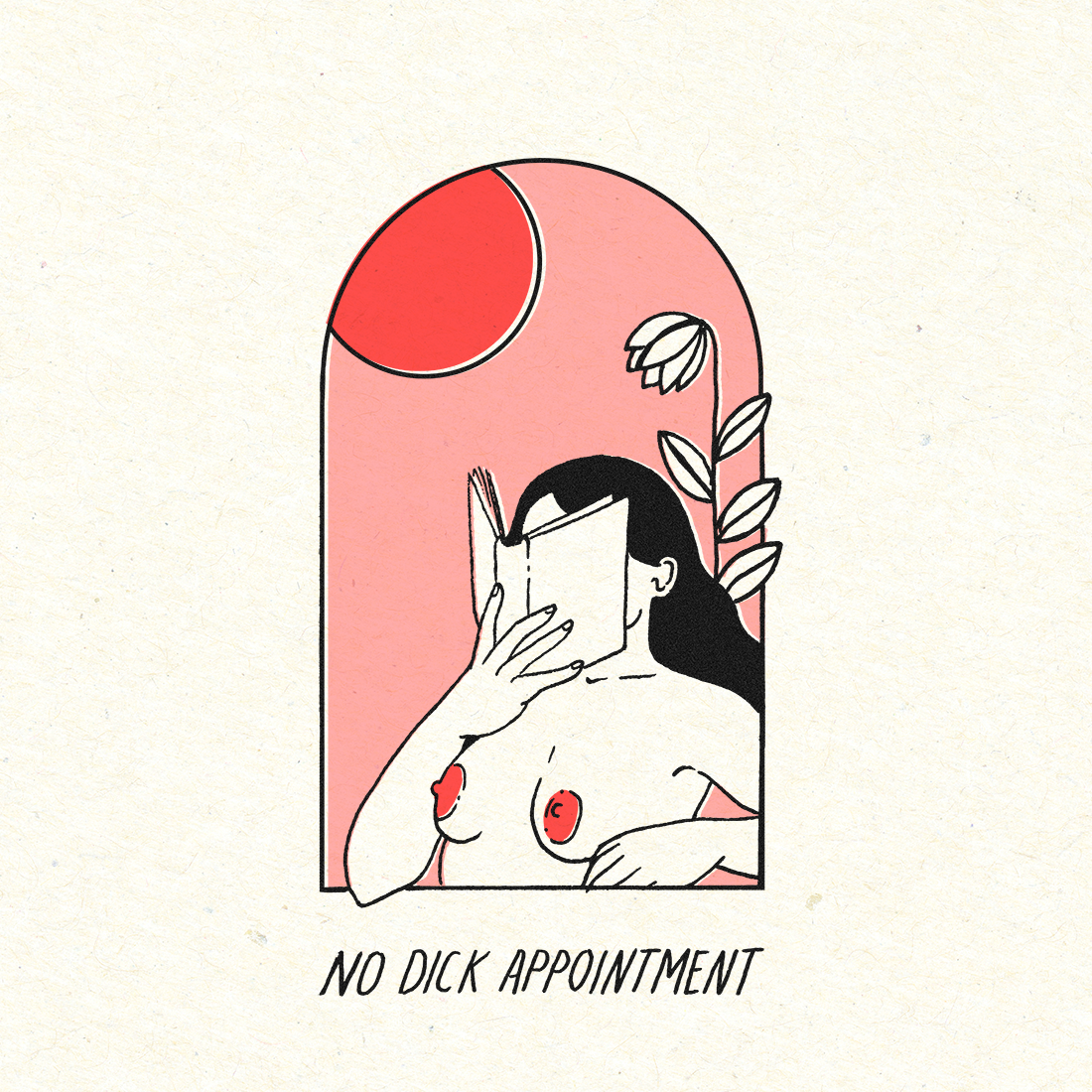 Bold, flat colors and minimalistic line art, depicting a figure with a book and floral elements against a pink arch-shaped background.