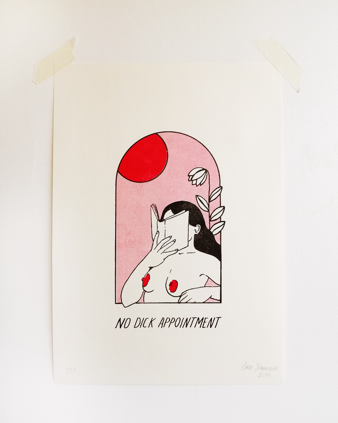 Bold, flat colors and minimalistic line art, depicting a figure with a book and floral elements against a pink arch-shaped background.