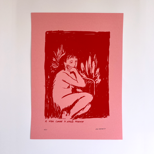 Red ink print of a nude figure with text on a pink background