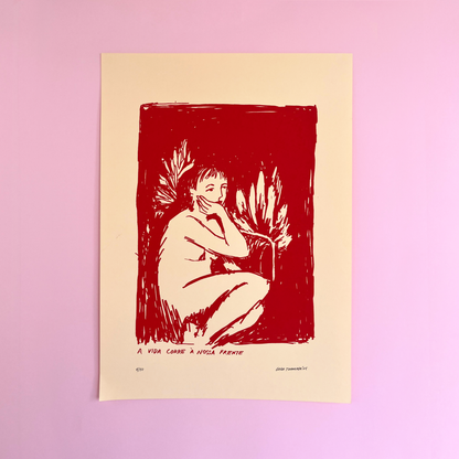 Art print of a nude figure in red and beige colors on a pink background