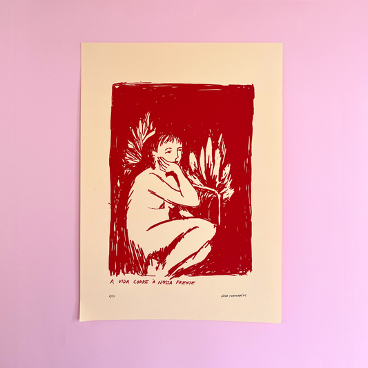 Art print of a nude figure in red and beige colors on a pink background