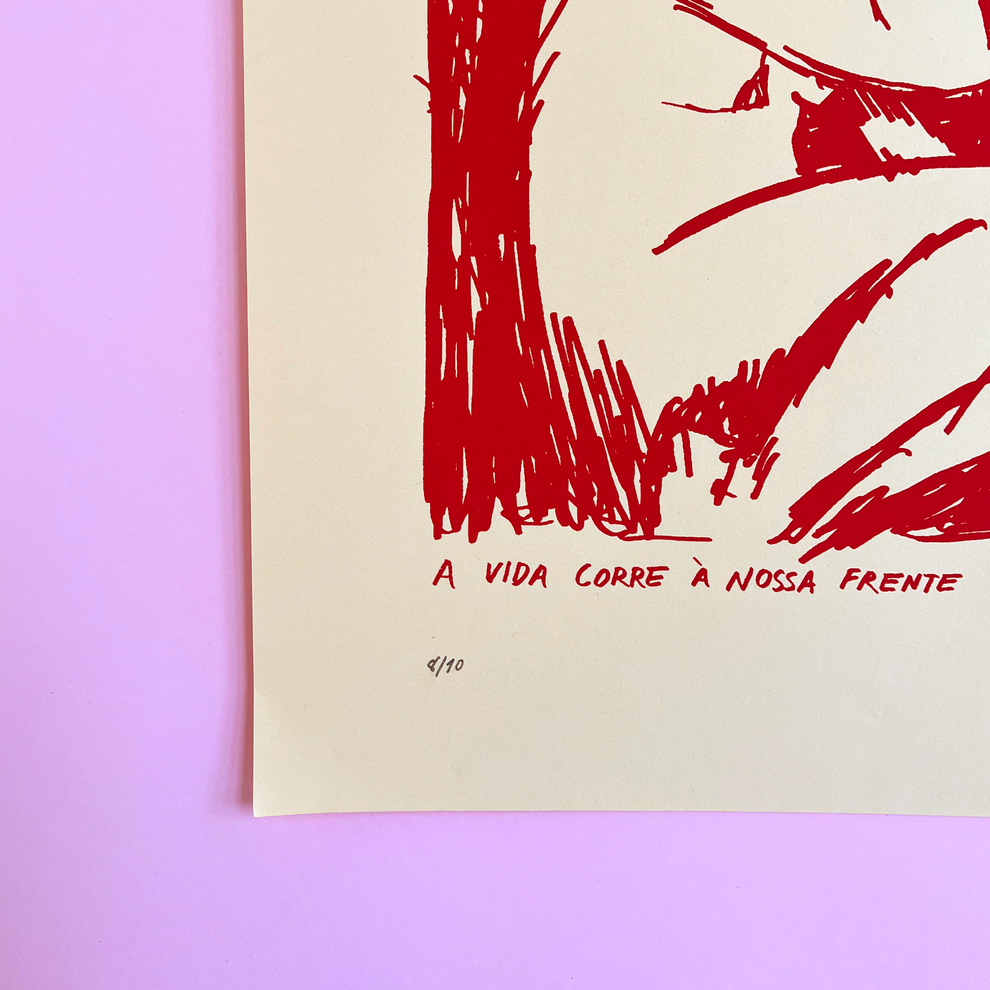 Beige poster with red drawing and text on a pink background