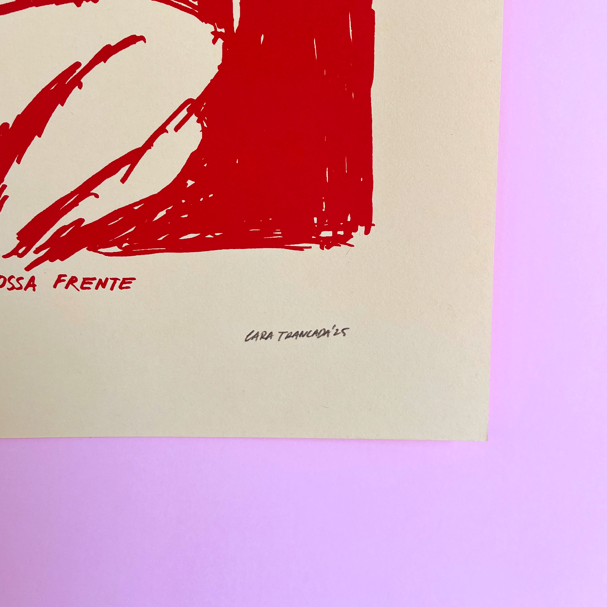 Abstract artwork with red brush strokes on a beige background, featuring the artist's signature