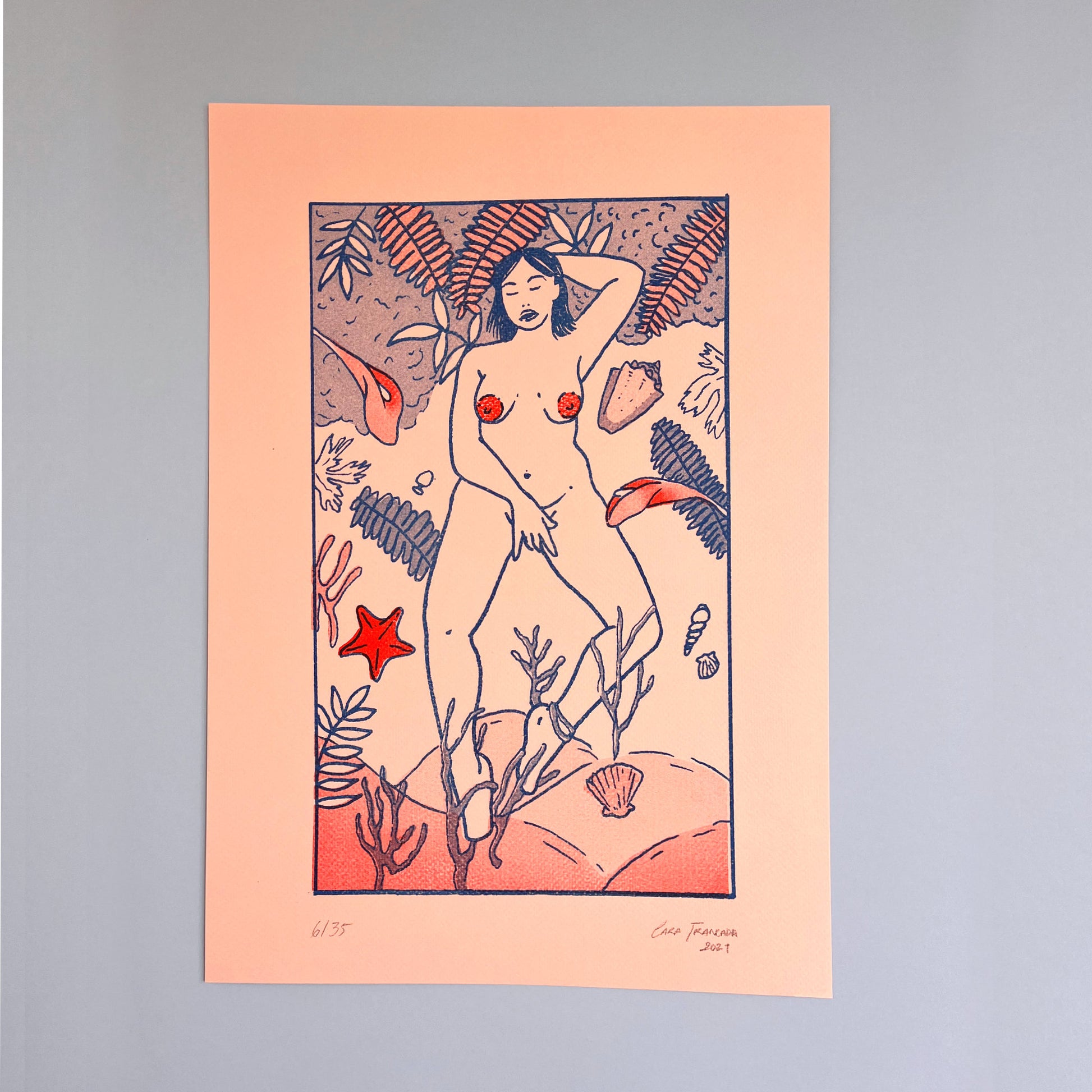 Artistic depiction of a nude figure on the beach with red and blue water elements on a peach background