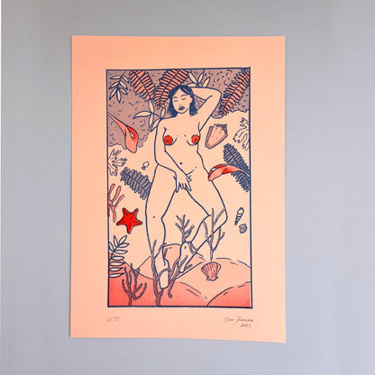 Artistic depiction of a nude figure on the beach with red and blue water elements on a peach background