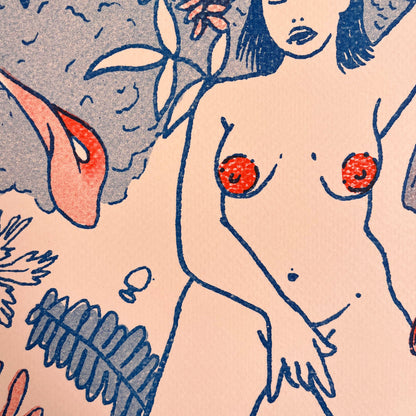 Illustration of a woman's torso and floral elements on a peach background
