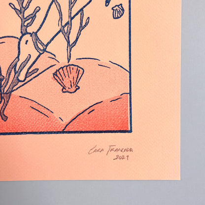 Artistic depiction of a shell and coral on a peach background with the artist's signature.