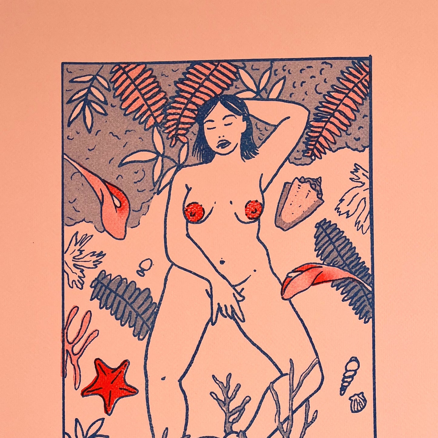 Illustration of a nude figure surrounded by plants and leaves on a peach background
