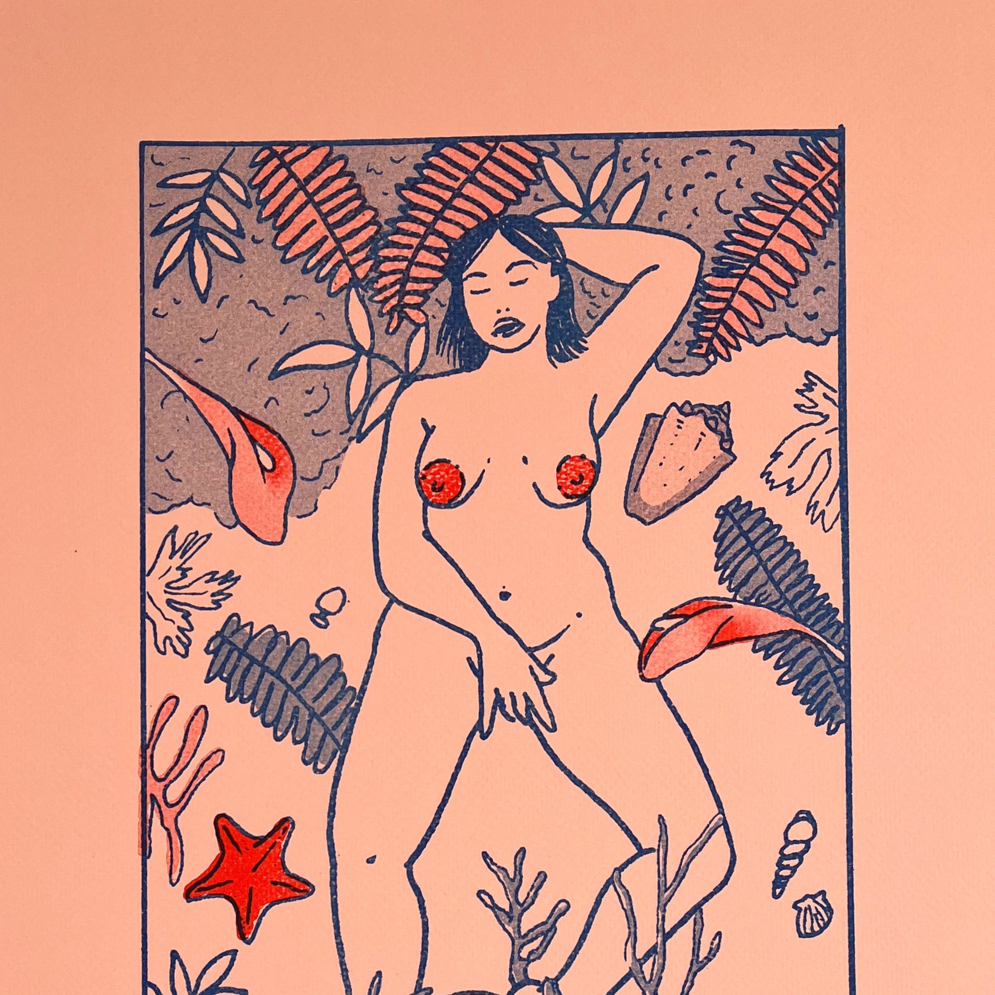 Illustration of a nude figure surrounded by plants and leaves on a peach background