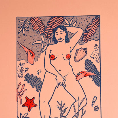 Illustration of a nude figure surrounded by plants and leaves on a peach background