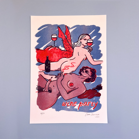 Artistic depiction of three nude figures with a bottle and wine glasses, labeled 'wine party' on a light blue background.
