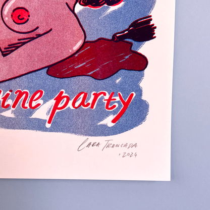 Illustration of a wine bottle with a glass, text 'wine party', and signature at the bottom right corner on a light blue background.