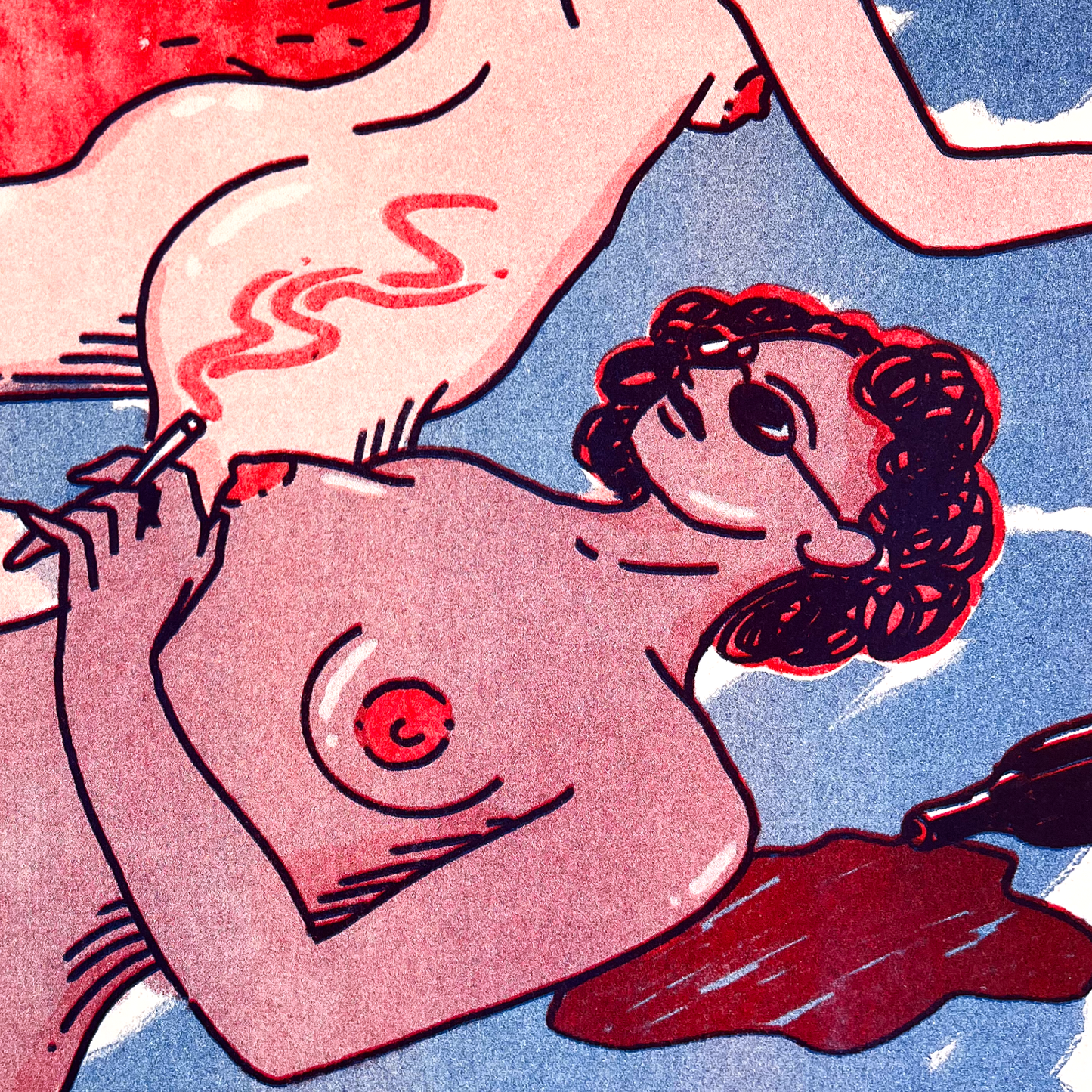 Illustration of a person smoking, lying on the ground with a bottle nearby.