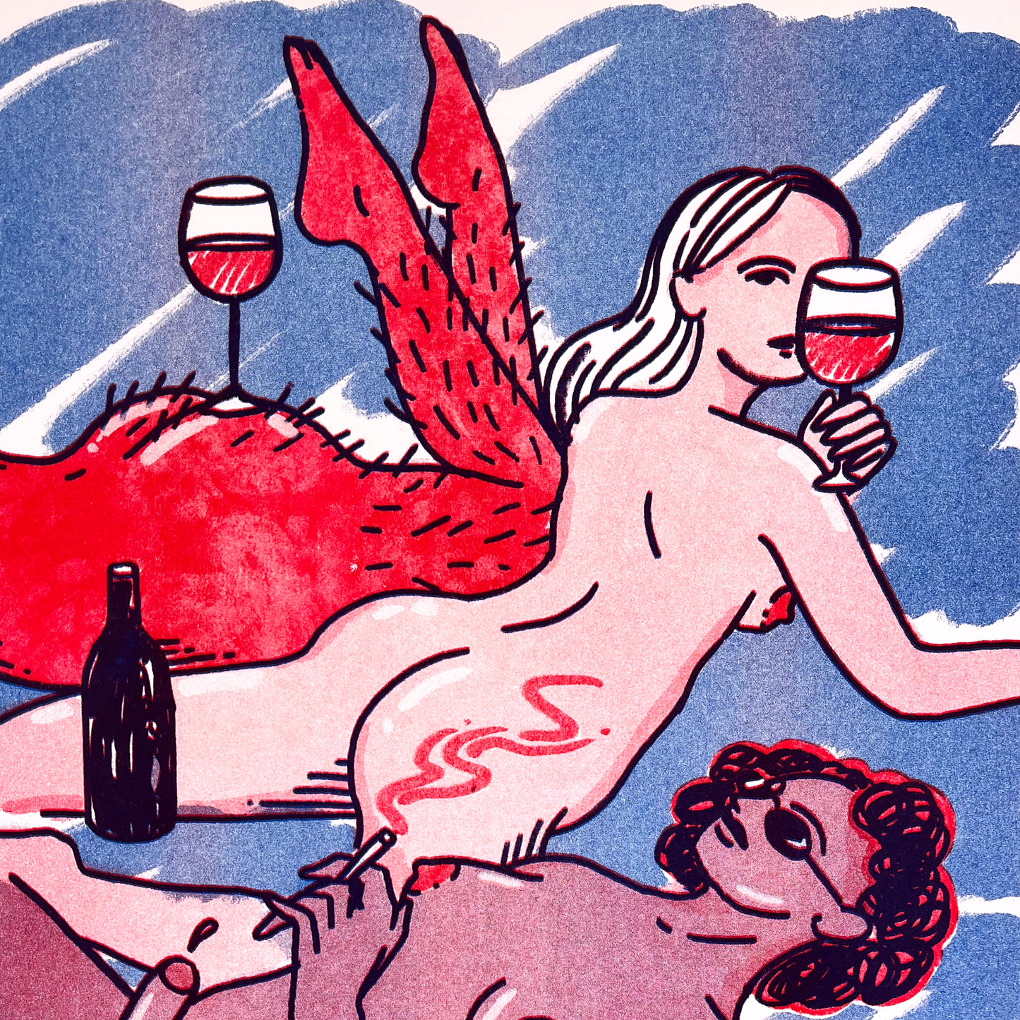 Illustration of a woman holding a glass of wine with a blue background