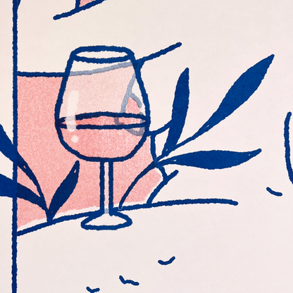 Illustration of a wine glass with leaves on a light pink background