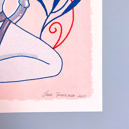 detail of signature in print of woman sensual in pastel pink background