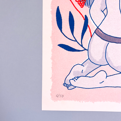 detail of number in print of woman sensual in pastel pink background