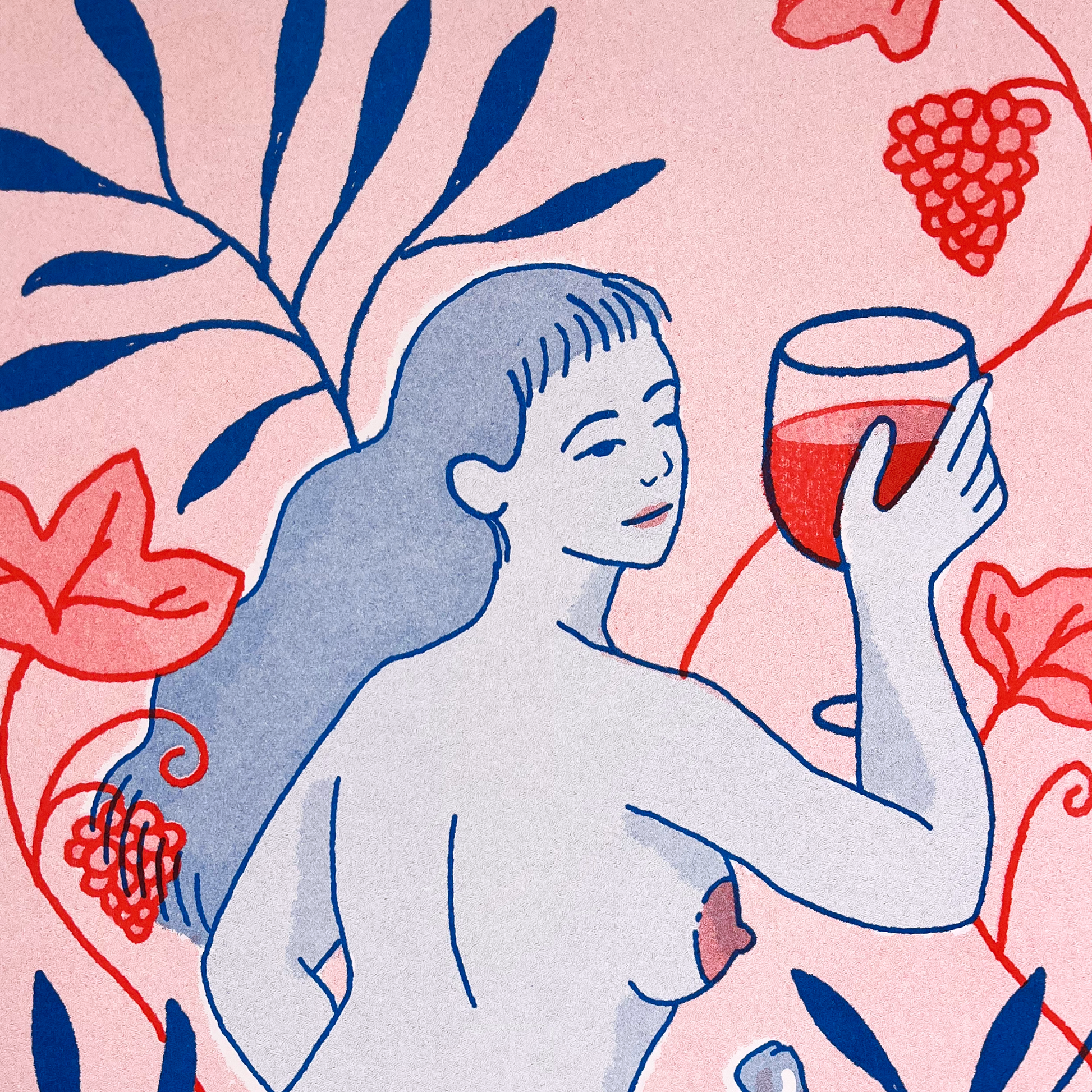 woman sensual with wine cup and grapes in pastel pink background