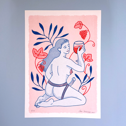 woman sensual with wine cup and grapes in pastel pink background