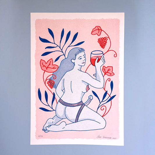 woman sensual with wine cup and grapes in pastel pink background